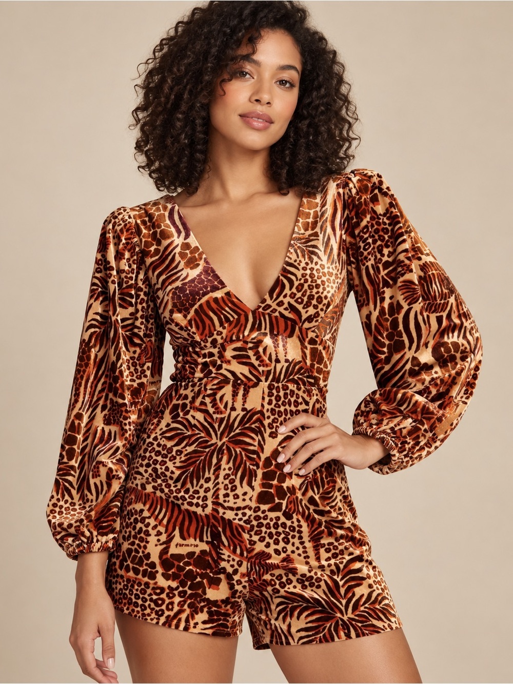 NWT FARM Rio x Anthropologie Safari Sand Velvet Romper Size XS